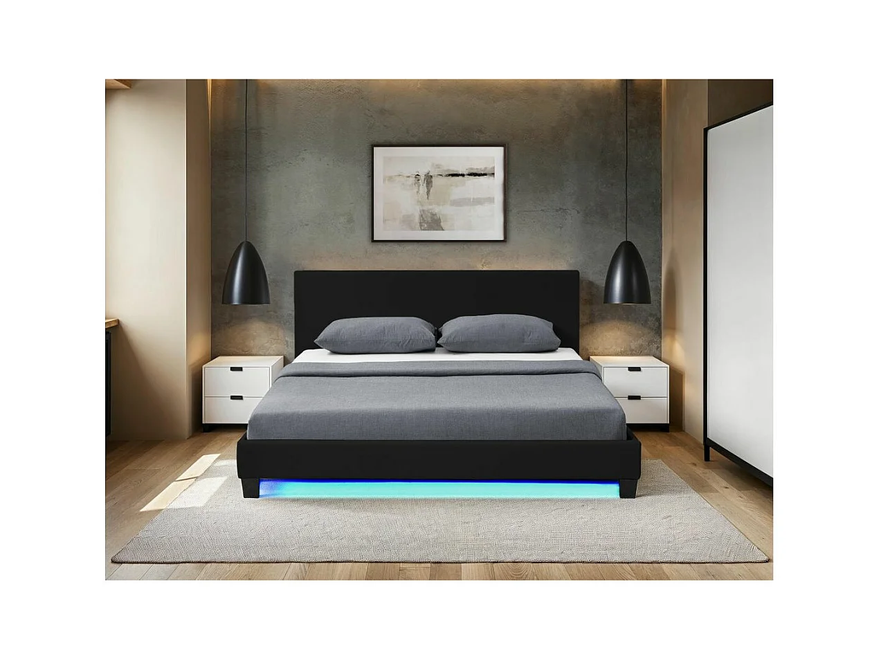 Cadre de lit YOKO avec éclairage LED, tête de lit et sommier à lattes en simili noir - 140 cm