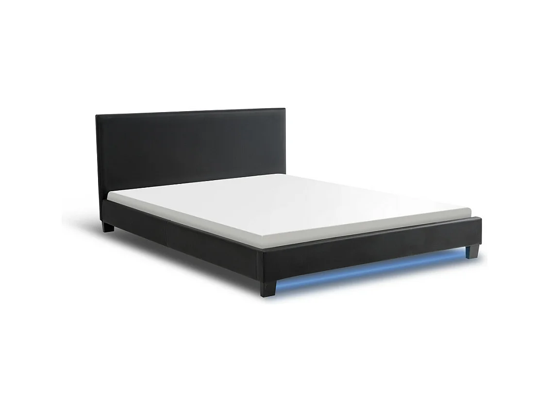 Cadre de lit YOKO avec éclairage LED, tête de lit et sommier à lattes en simili noir - 140 cm