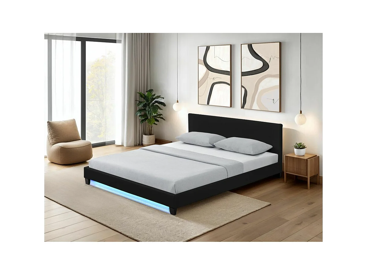 Cadre de lit YOKO avec éclairage LED, tête de lit et sommier à lattes en simili noir - 140 cm
