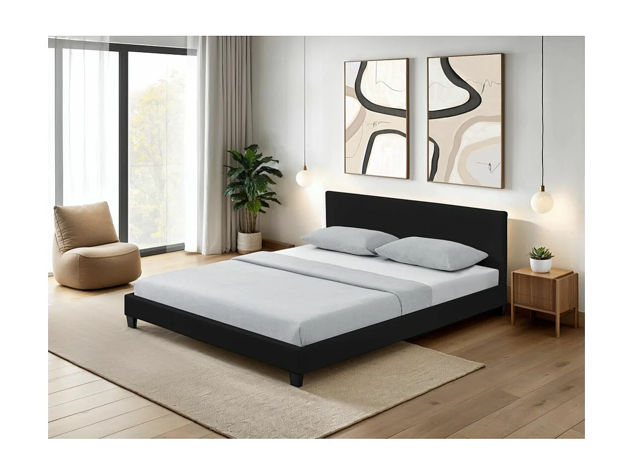Cadre de lit YOKO avec éclairage LED, tête de lit et sommier à lattes en simili noir - 140 cm