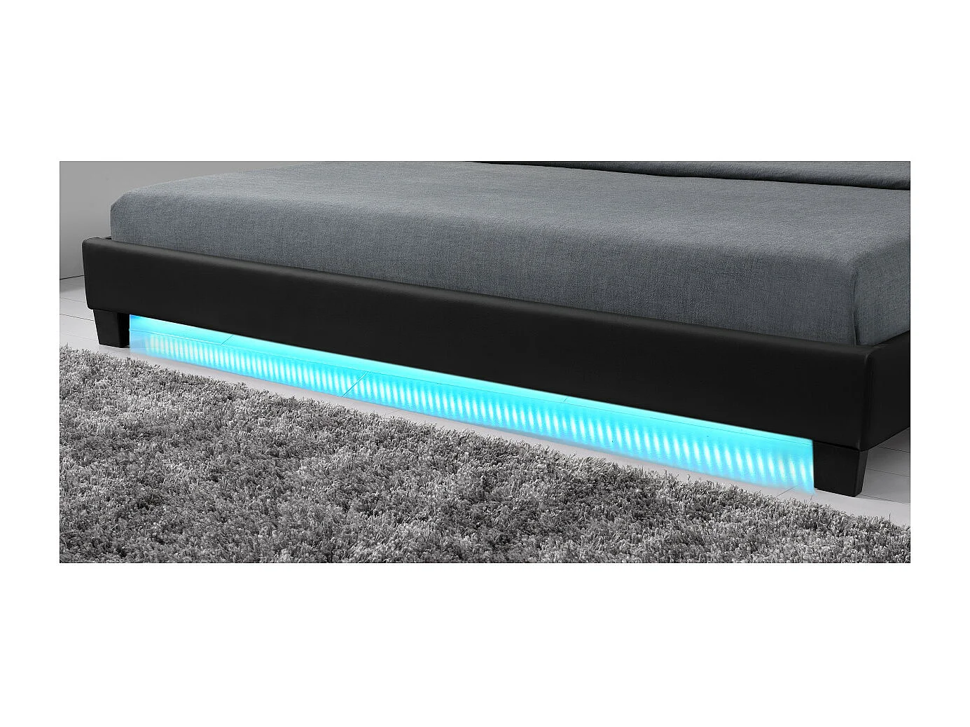 Cadre de lit YOKO avec éclairage LED, tête de lit et sommier à lattes en simili noir - 140 cm