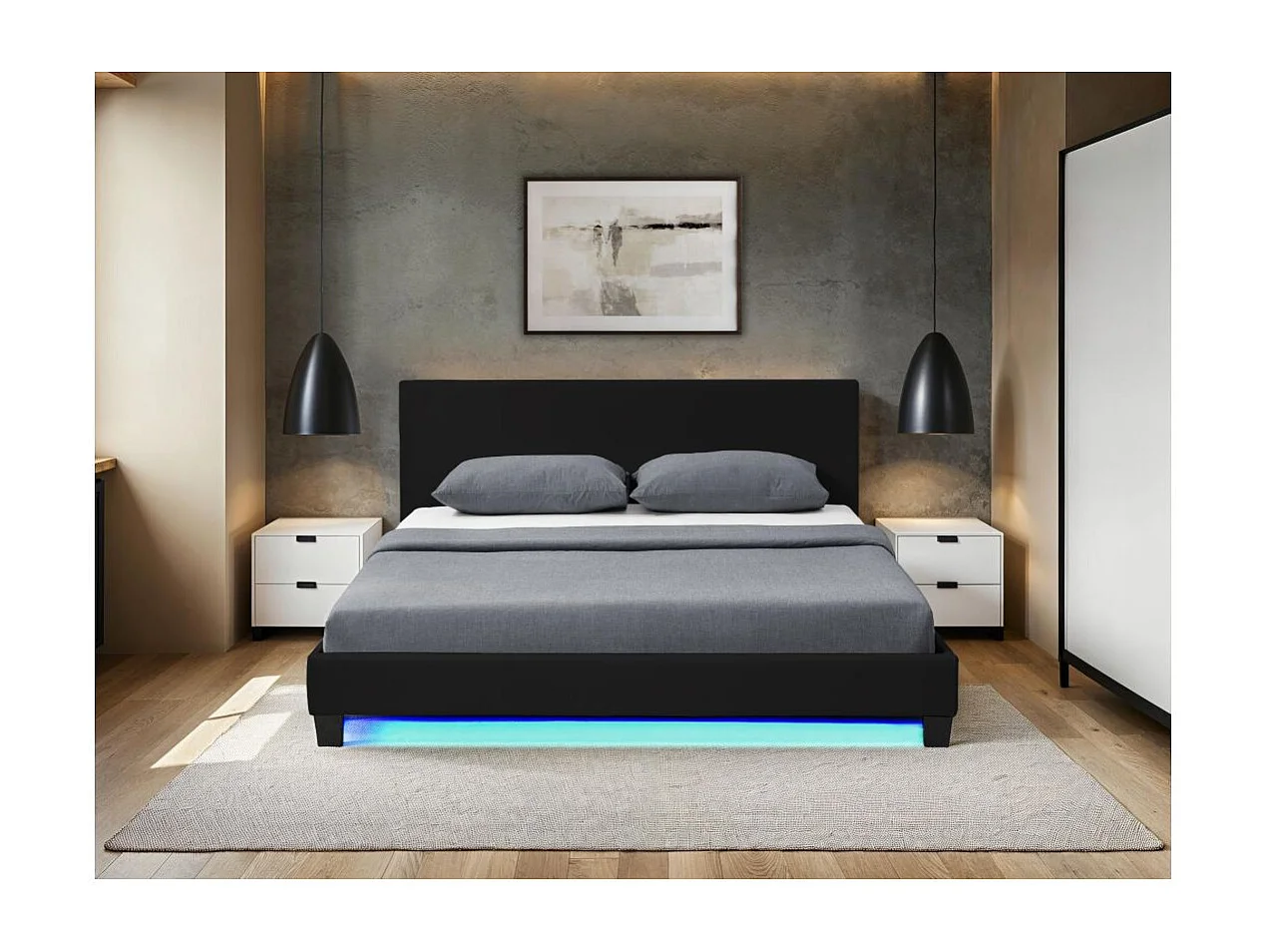 Cadre de lit YOKO avec éclairage LED, tête de lit et sommier à lattes en simili noir - 140 cm