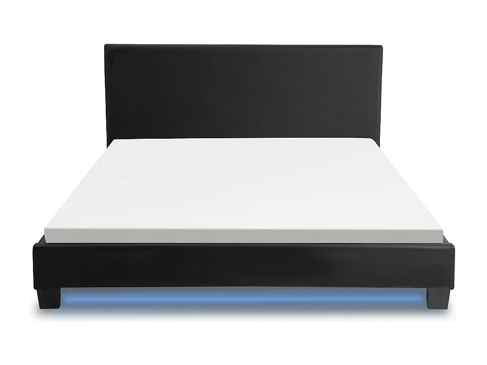 Cadre de lit YOKO avec éclairage LED, tête de lit et sommier à lattes en simili noir - 140 cm