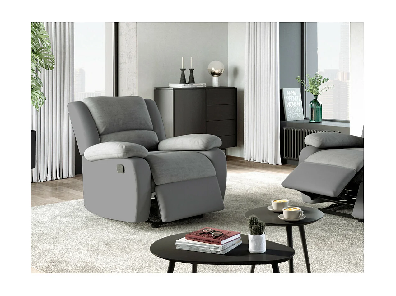 Fauteuil Relaxation 1 place Microfibre et Simili Léo - Gris - L88 x 93 x 96cm - Loungitude