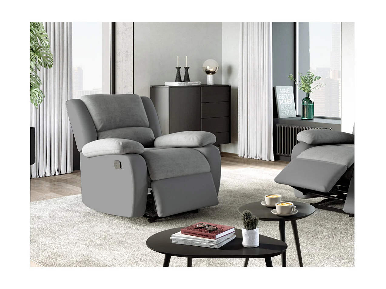 Fauteuil Relaxation 1 place Microfibre et Simili Léo - Gris - L88 x 93 x 96cm - Loungitude