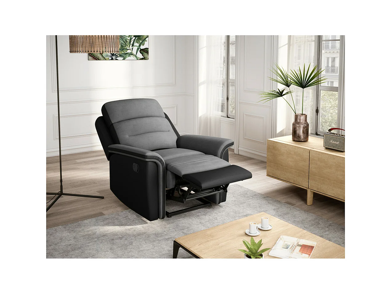 Fauteuil de Relaxation 1 place en Microfibre et Simili Léon - Gris et Noir - Loungitude