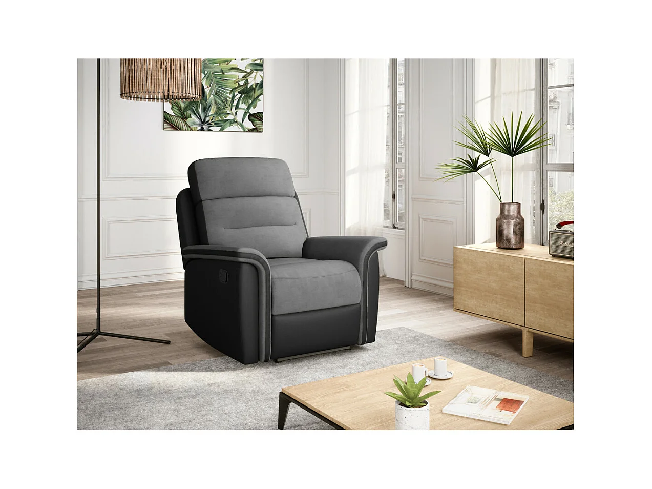 Fauteuil de Relaxation 1 place en Microfibre et Simili Léon - Gris et Noir - Loungitude