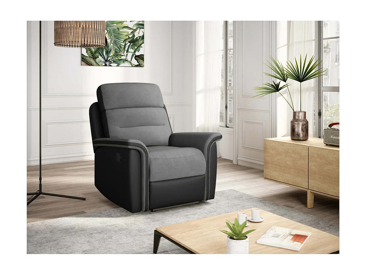 Fauteuil de Relaxation 1 place en Microfibre et Simili Léon - Gris et Noir - Loungitude