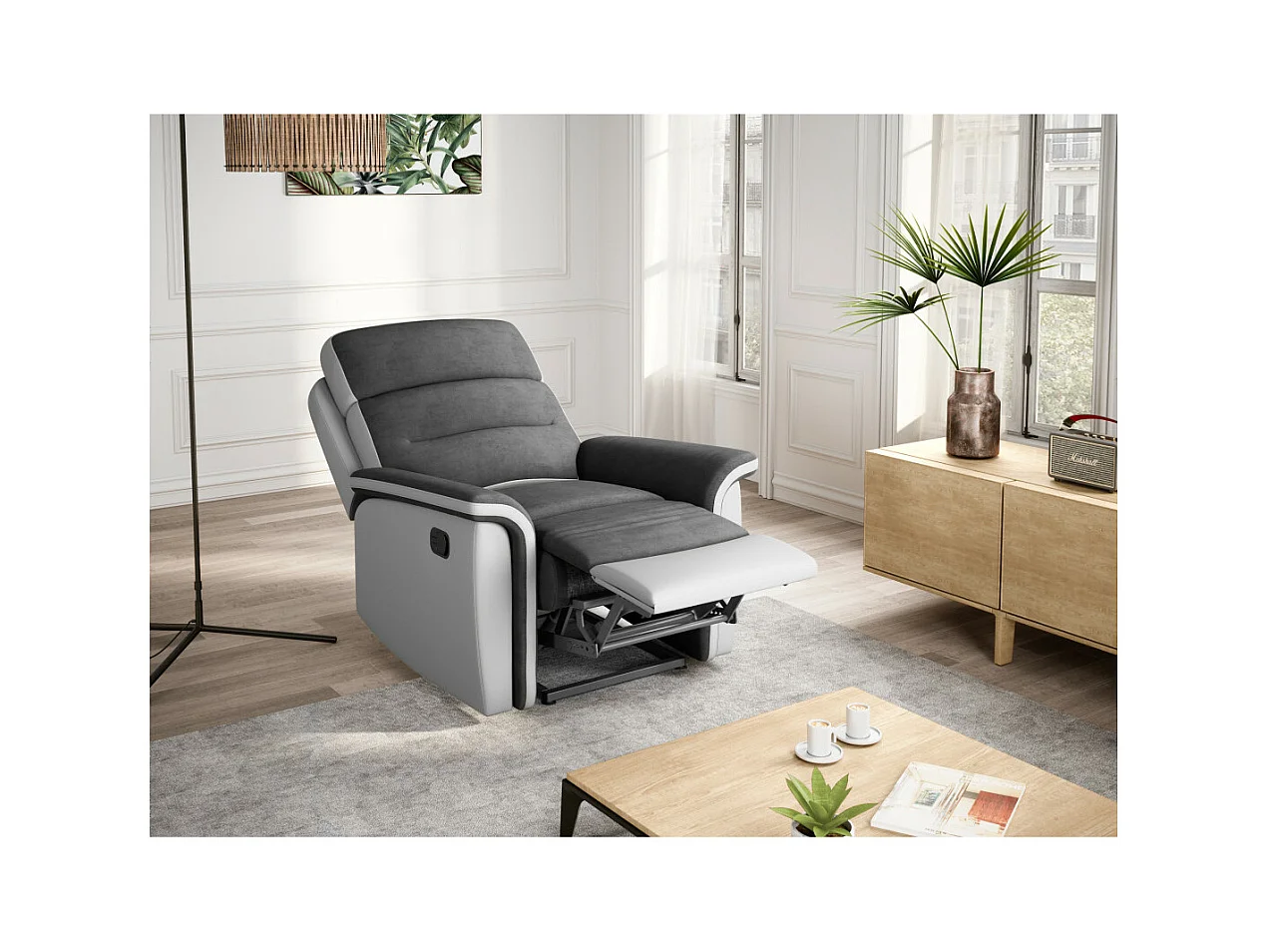 Fauteuil de Relaxation 1 place en Microfibre et Simili Léon - Blanc et gris - L87 x 94 x 100cm - Loungitude