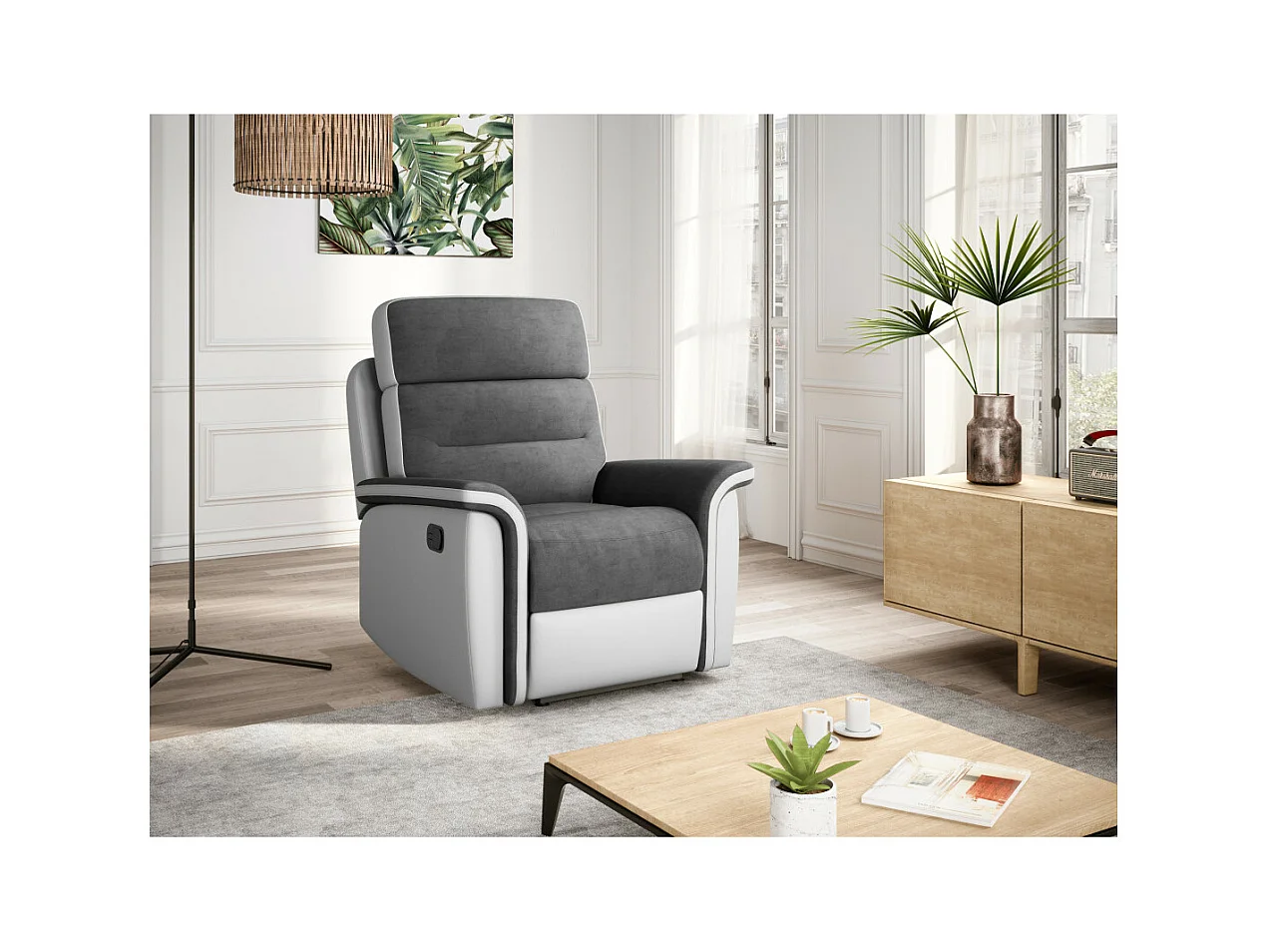 Fauteuil de Relaxation 1 place en Microfibre et Simili Léon - Blanc et gris - L87 x 94 x 100cm - Loungitude