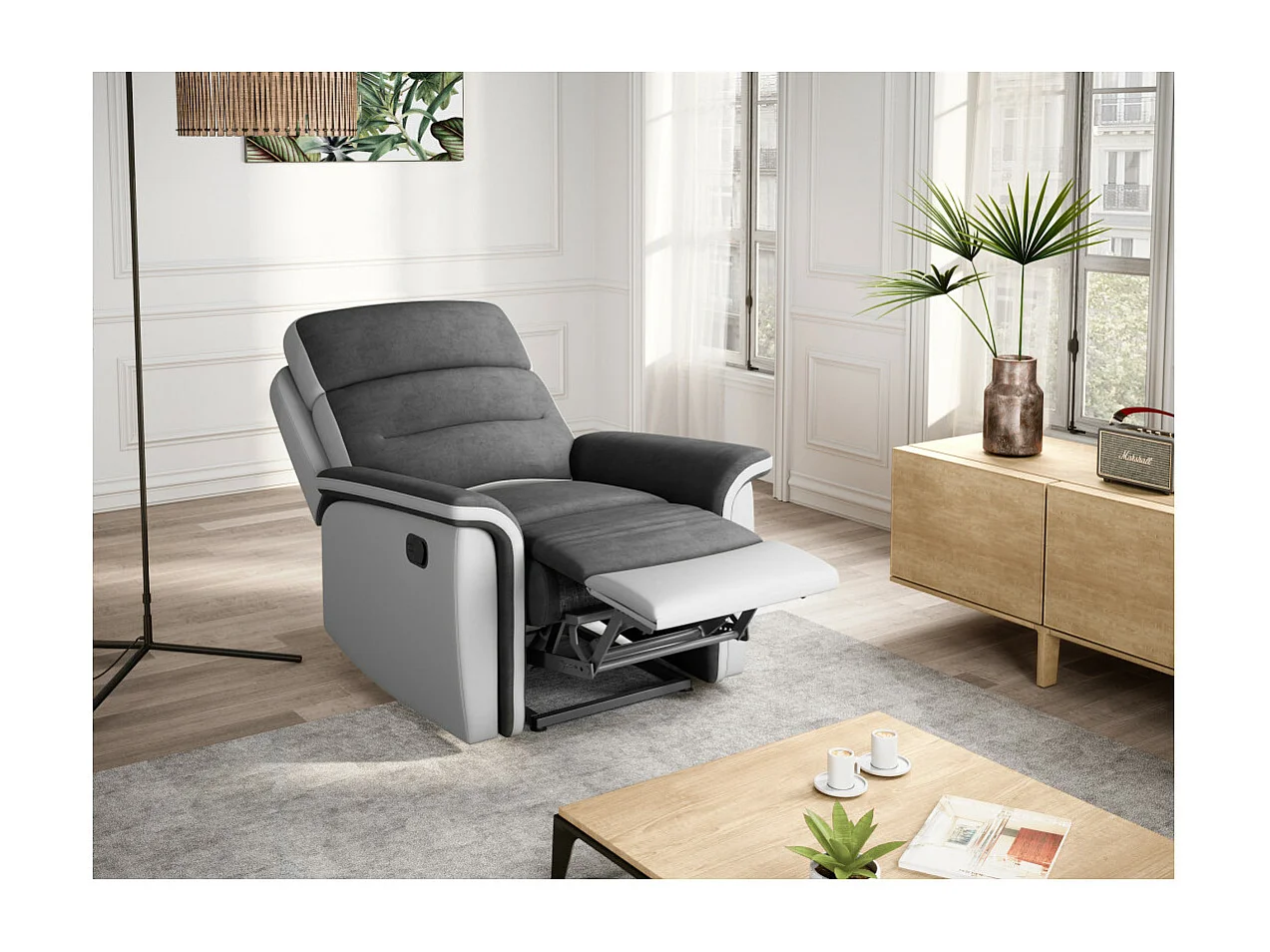 Fauteuil de Relaxation 1 place en Microfibre et Simili Léon - Blanc et gris - L87 x 94 x 100cm - Loungitude