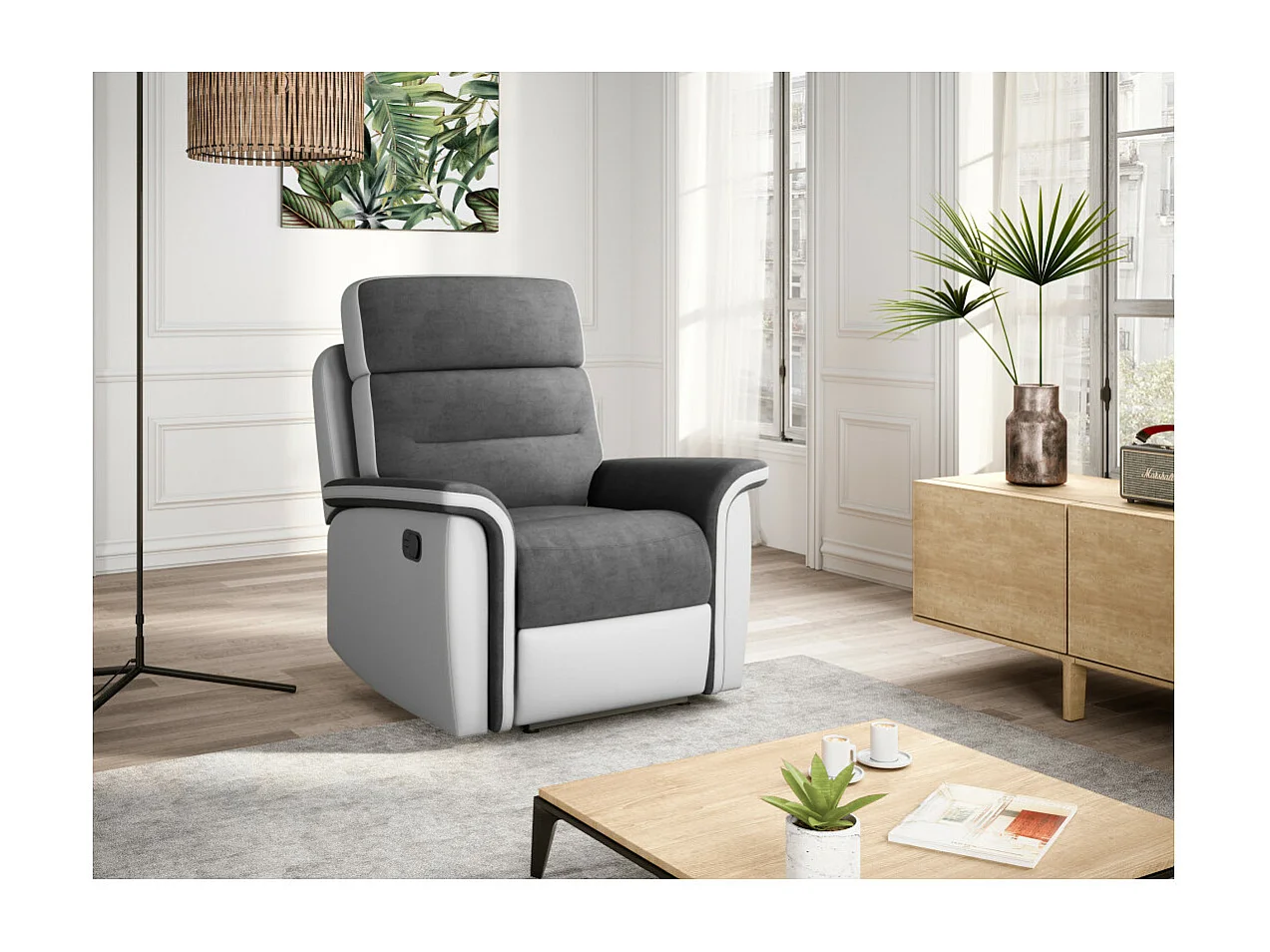 Fauteuil de Relaxation 1 place en Microfibre et Simili Léon - Blanc et gris - L87 x 94 x 100cm - Loungitude