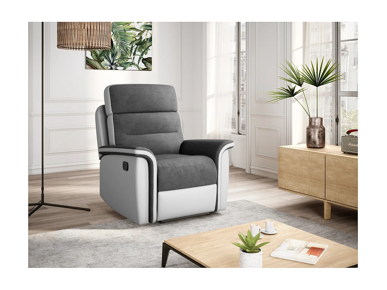 Fauteuil de Relaxation 1 place en Microfibre et Simili Léon - Blanc et gris - L87 x 94 x 100cm - Loungitude