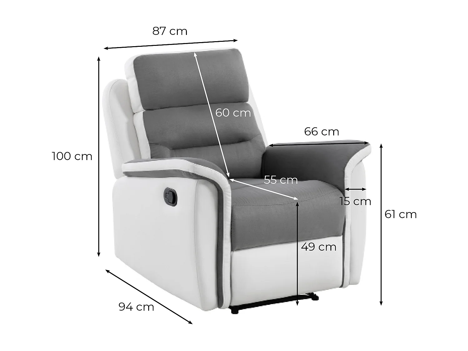 Fauteuil de Relaxation 1 place en Microfibre et Simili Léon - Blanc et gris - L87 x 94 x 100cm - Loungitude