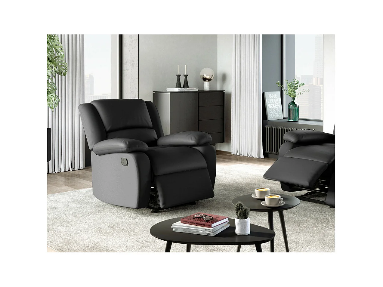 Fauteuil Relaxation 1 place Simili cuir Léo - Noir - L88 x 93 x 96cm - Loungitude