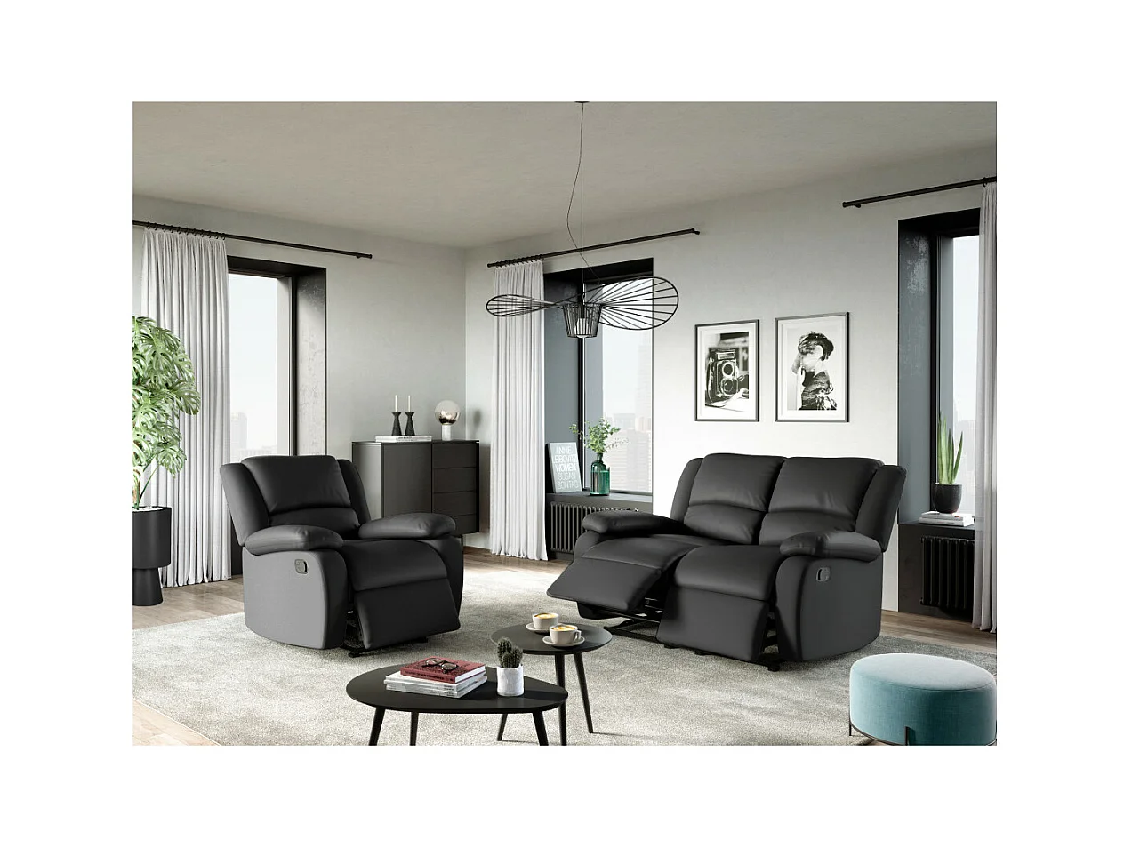 Fauteuil Relaxation 1 place Simili cuir Léo - Noir - L88 x 93 x 96cm - Loungitude