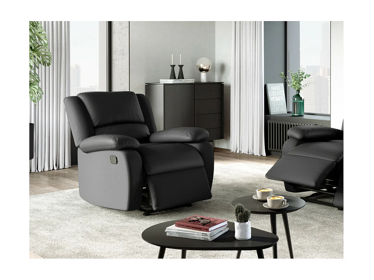 Fauteuil Relaxation 1 place Simili cuir Léo - Noir - L88 x 93 x 96cm - Loungitude