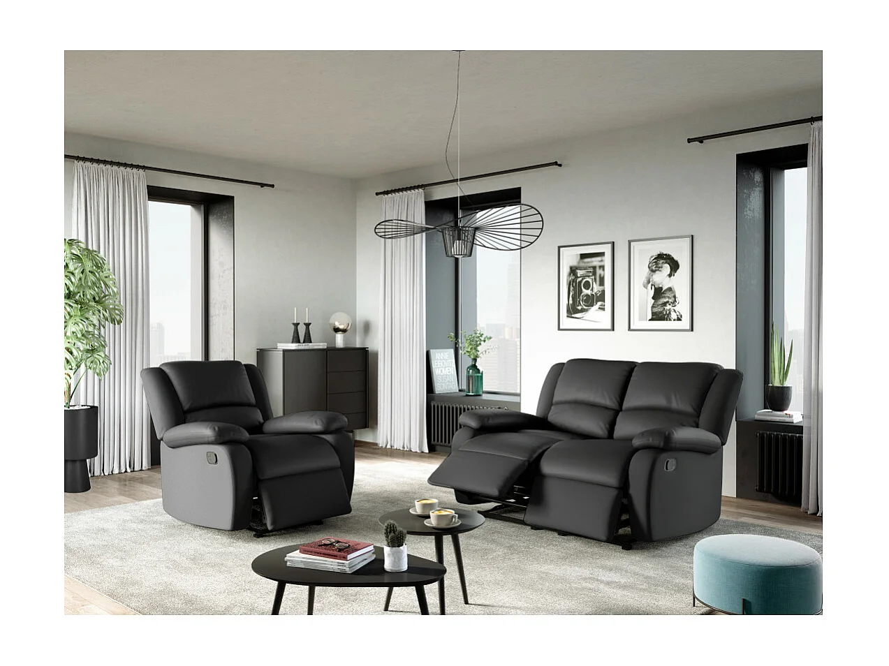 Fauteuil Relaxation 1 place Simili cuir Léo - Noir - L88 x 93 x 96cm - Loungitude