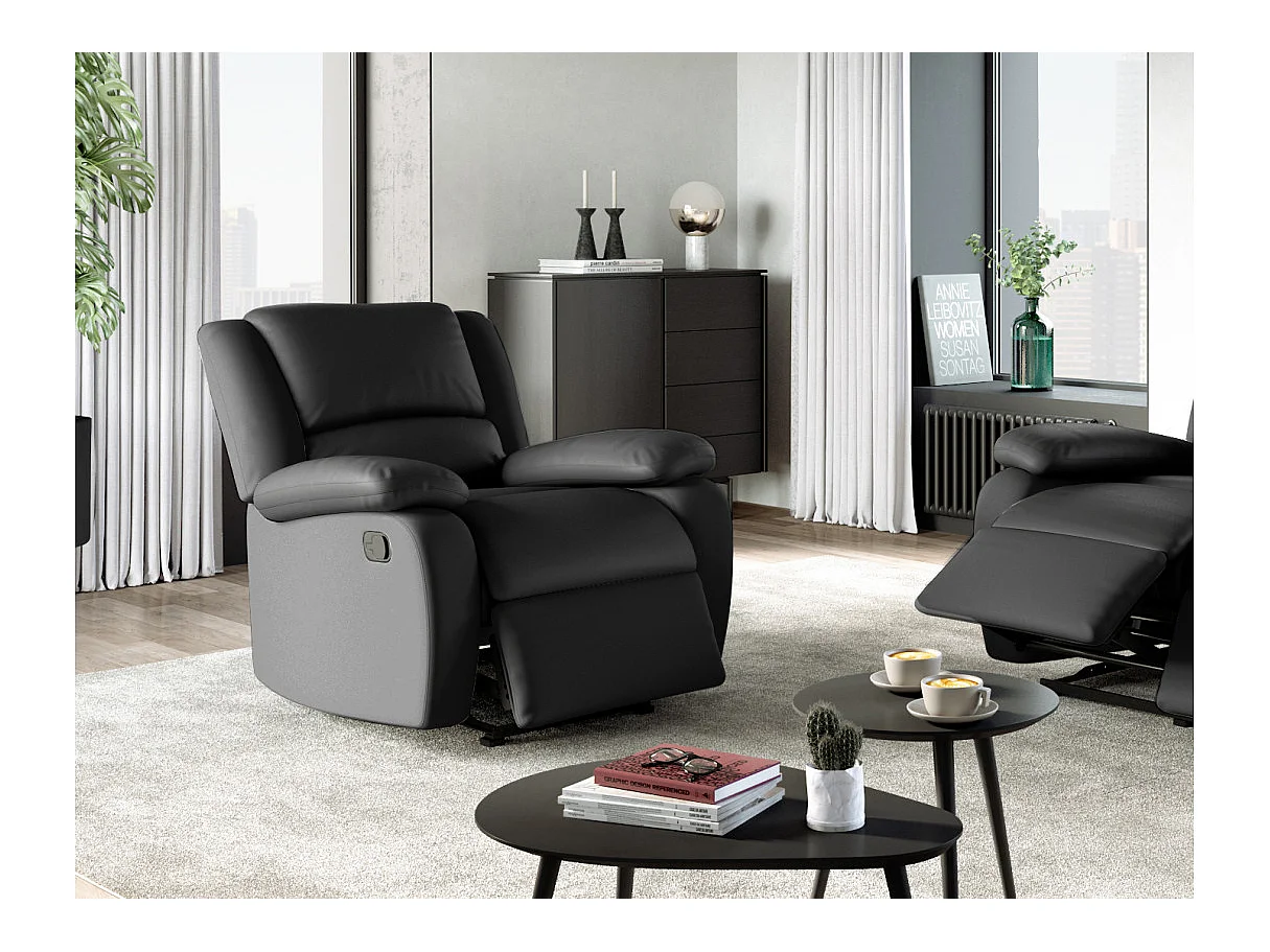 Fauteuil Relaxation 1 place Simili cuir Léo - Noir - L88 x 93 x 96cm - Loungitude