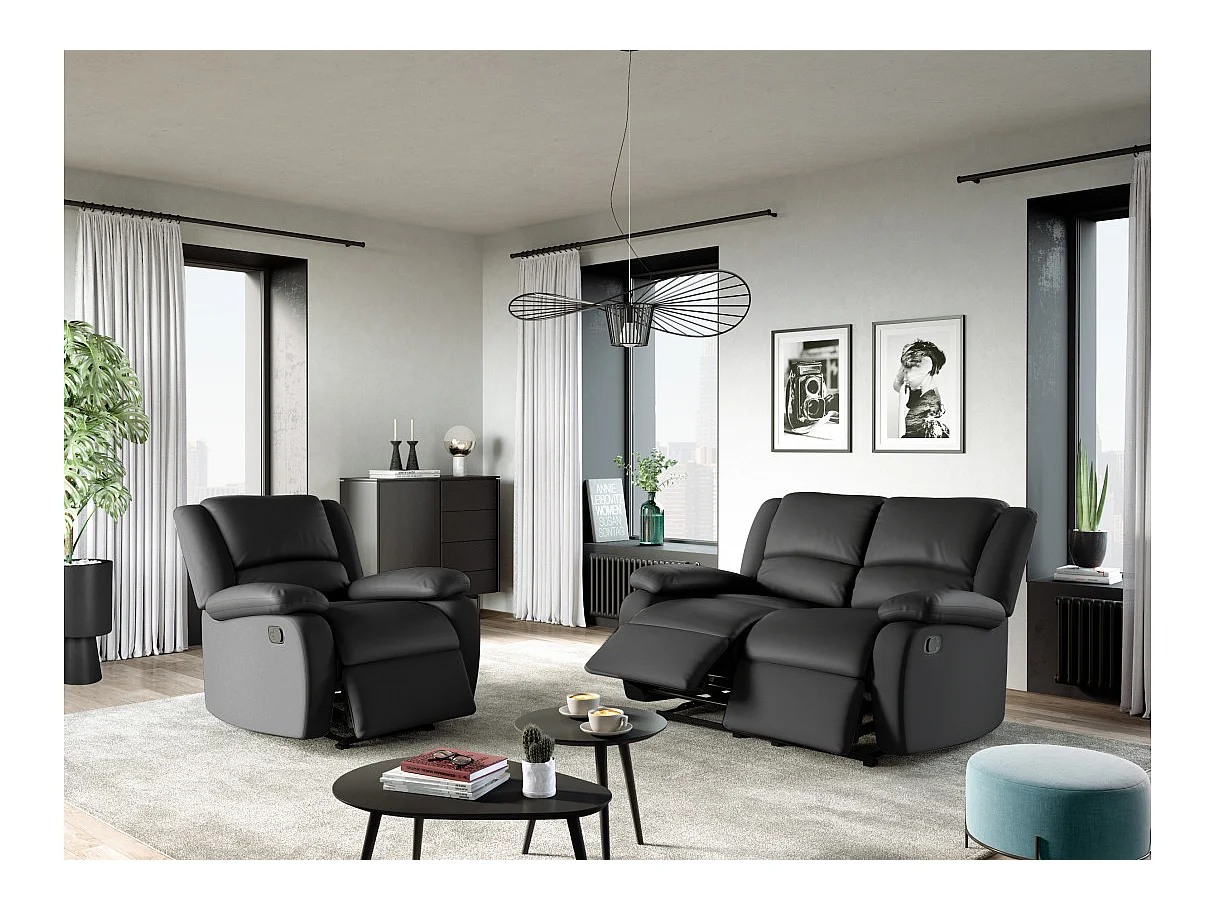 Fauteuil Relaxation 1 place Simili cuir Léo - Noir - L88 x 93 x 96cm - Loungitude