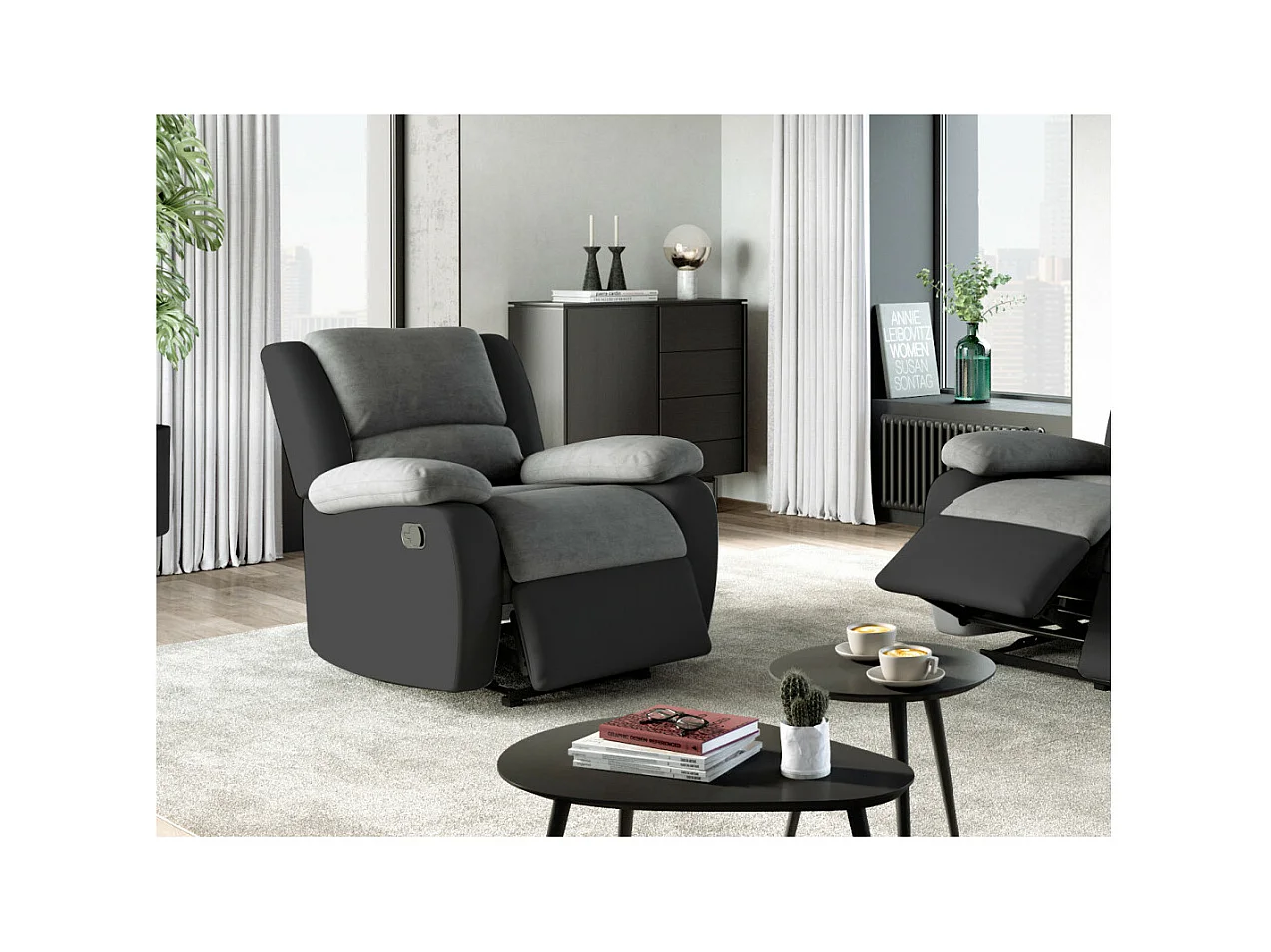 Fauteuil Relaxation 1 place Microfibre et Simili Léo - Gris et Noir - L88 x 93 x 96cm - Loungitude