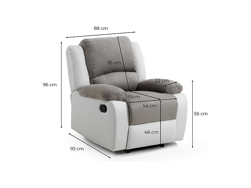 Fauteuil Relaxation 1 place Microfibre et Simili Léo - Gris et Noir - L88 x 93 x 96cm - Loungitude