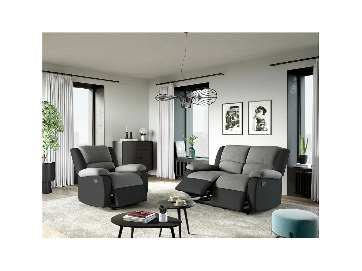 Fauteuil Relaxation 1 place Microfibre et Simili Léo - Gris et Noir - L88 x 93 x 96cm - Loungitude