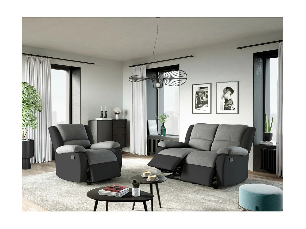 Fauteuil Relaxation 1 place Microfibre et Simili Léo - Gris et Noir - L88 x 93 x 96cm - Loungitude