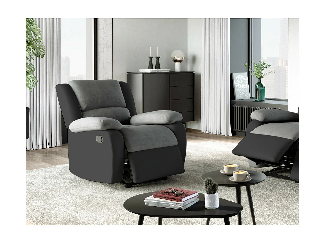 Fauteuil Relaxation 1 place Microfibre et Simili Léo - Gris et Noir - L88 x 93 x 96cm - Loungitude