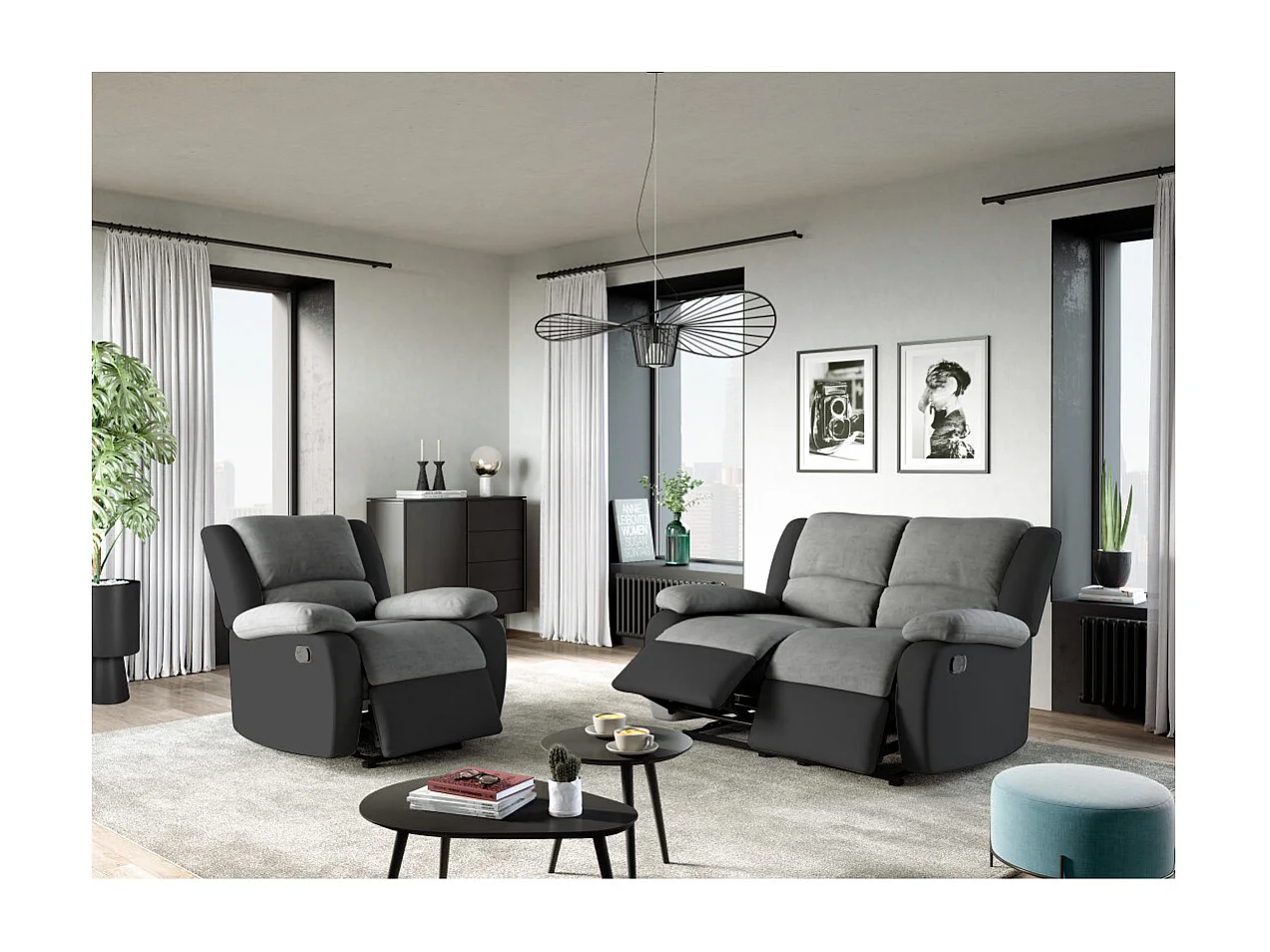 Fauteuil Relaxation 1 place Microfibre et Simili Léo - Gris et Noir - L88 x 93 x 96cm - Loungitude