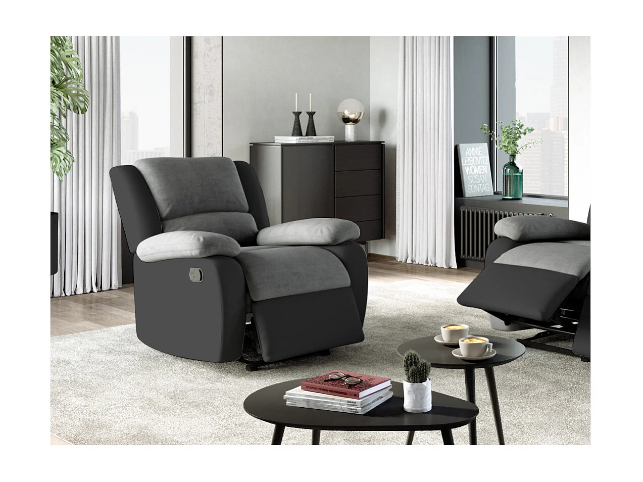 Fauteuil Relaxation 1 place Microfibre et Simili Léo - Gris et Noir - L88 x 93 x 96cm - Loungitude