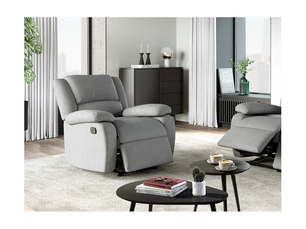 Fauteuil Relaxation 1 place Léo en Tissu - Gris clair - L88 x 93 x 96cm - Loungitude