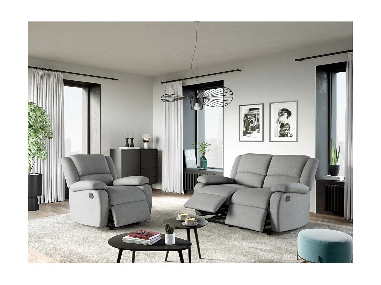 Fauteuil Relaxation 1 place Léo en Tissu - Gris clair - L88 x 93 x 96cm - Loungitude