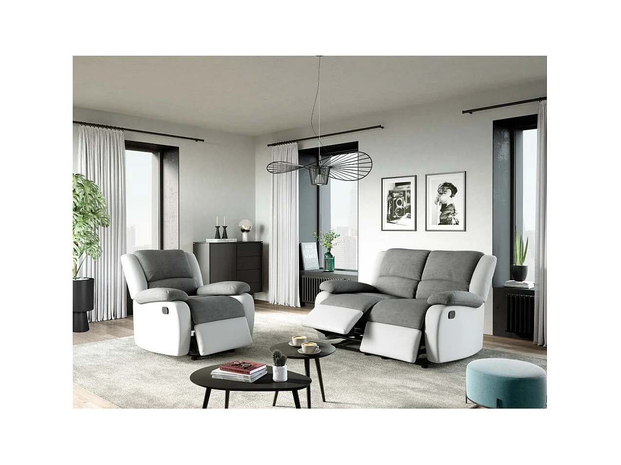 Fauteuil Relaxation 1 place Microfibre et Simili Léo - Blanc et Gris - L88 x 93 x 96cm - Loungitude