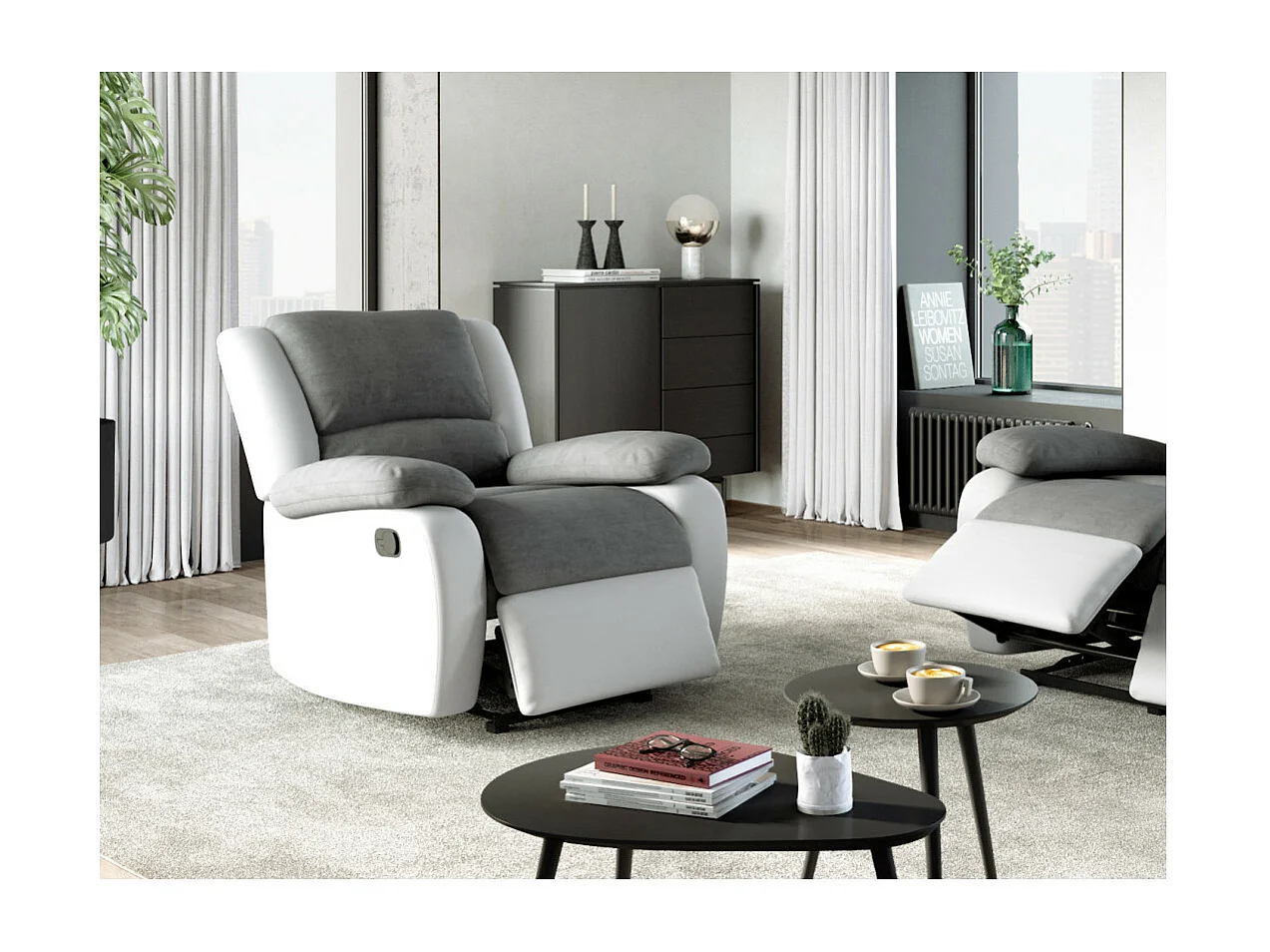 Fauteuil Relaxation 1 place Microfibre et Simili Léo - Blanc et Gris - L88 x 93 x 96cm - Loungitude