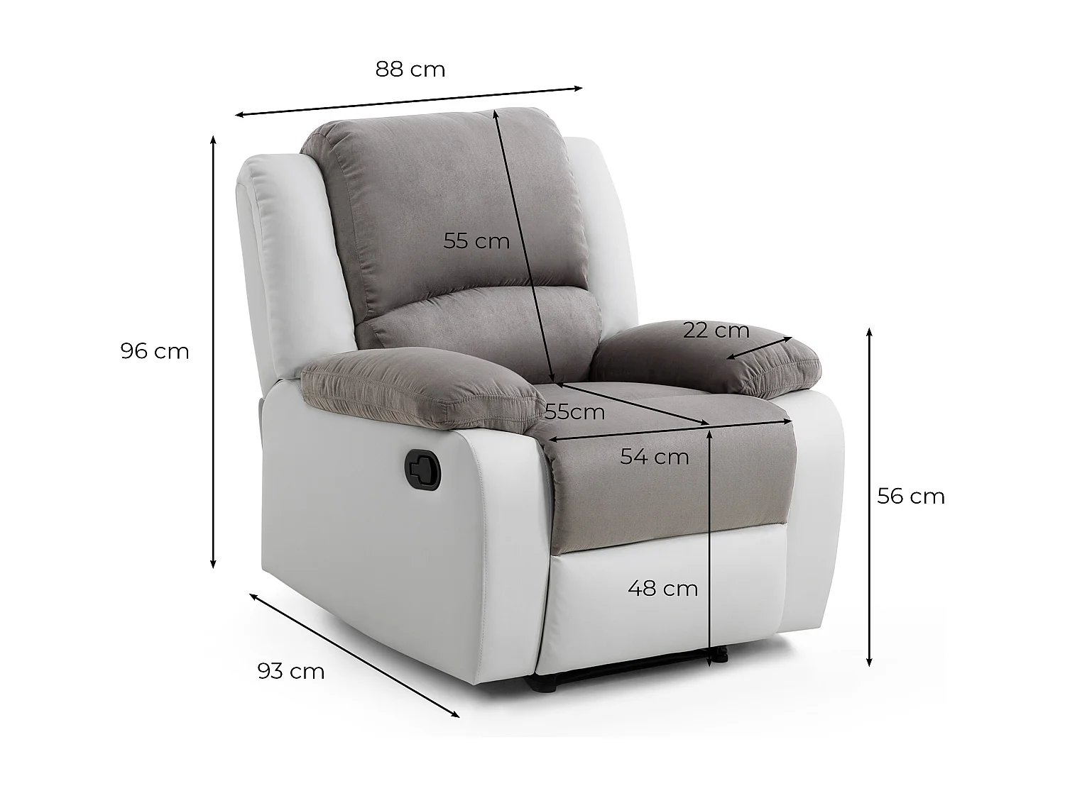 Fauteuil Relaxation 1 place Microfibre et Simili Léo - Blanc et Gris - L88 x 93 x 96cm - Loungitude