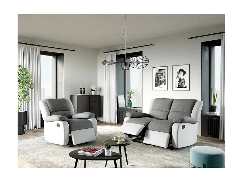 Fauteuil Relaxation 1 place Microfibre et Simili Léo - Blanc et Gris - L88 x 93 x 96cm - Loungitude