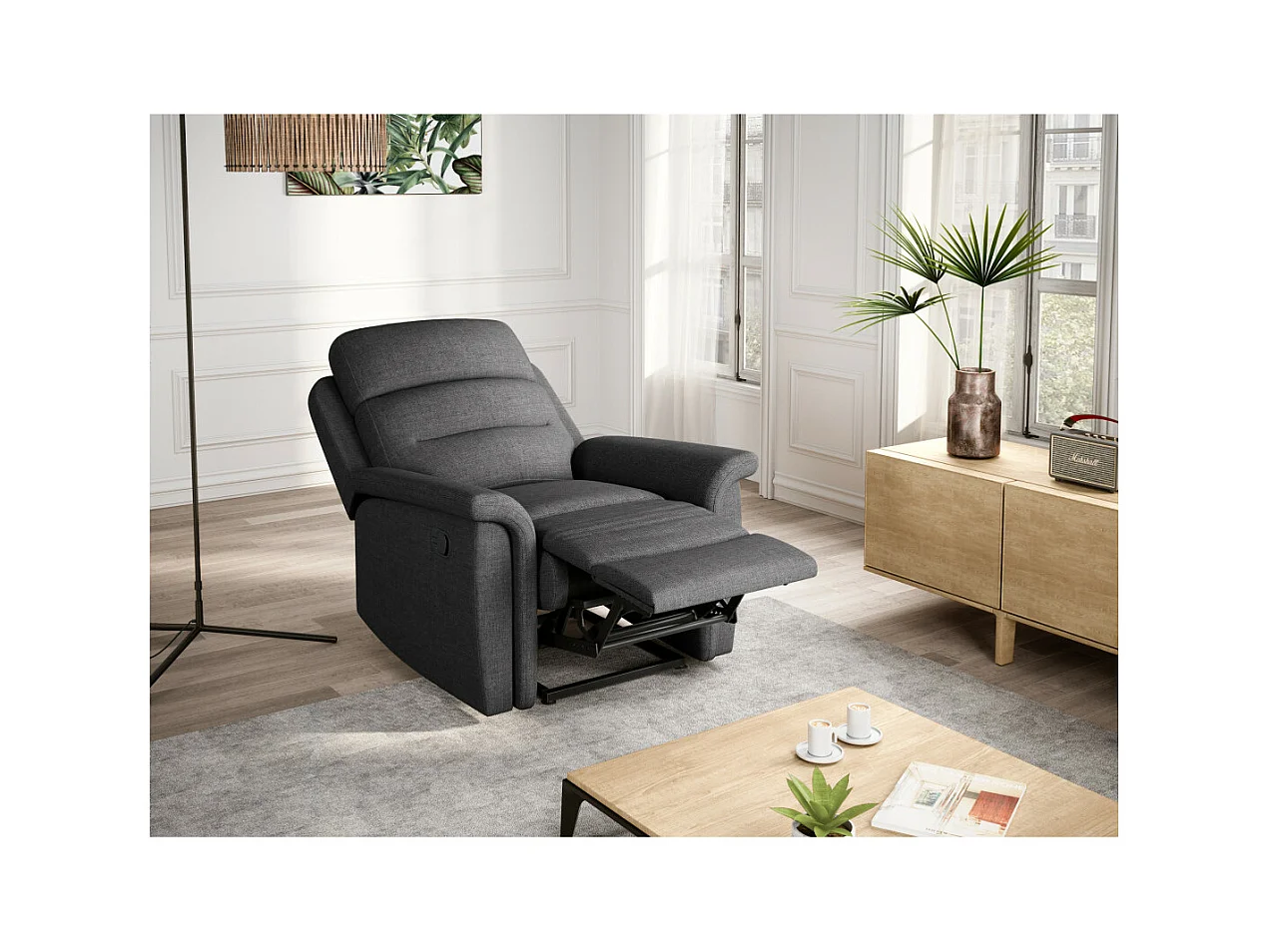 Fauteuil de Relaxation 1 place en Tissu Gris Léon - Gris anthracite - L87 x 94 x 100cm - Loungitude