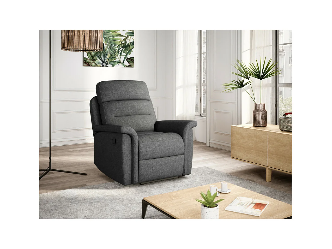 Fauteuil de Relaxation 1 place en Tissu Gris Léon - Gris anthracite - L87 x 94 x 100cm - Loungitude
