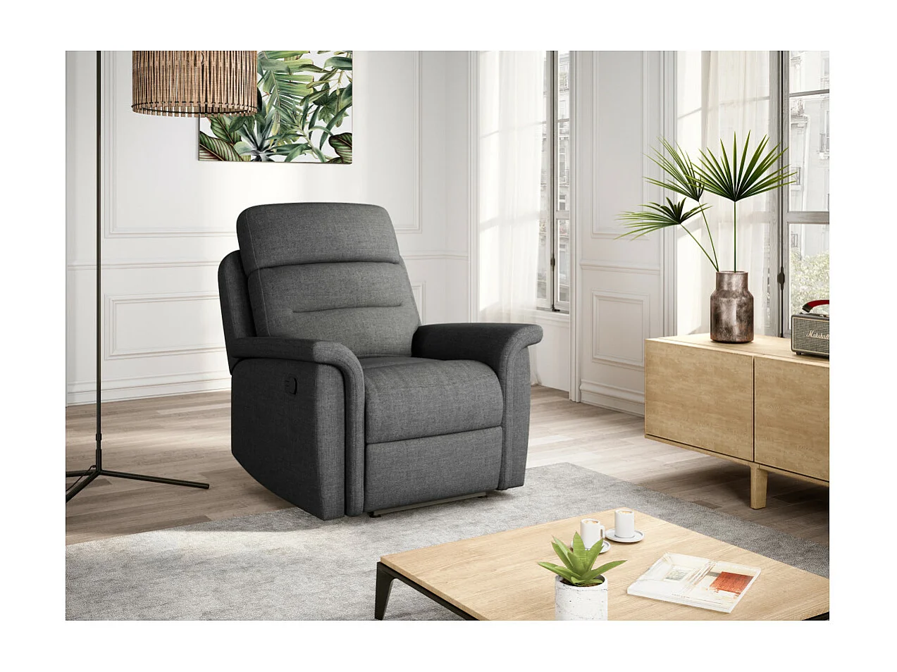 Fauteuil de Relaxation 1 place en Tissu Gris Léon - Gris anthracite - L87 x 94 x 100cm - Loungitude