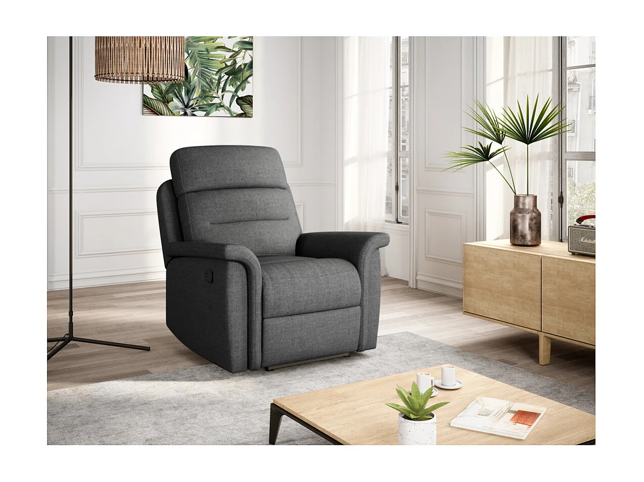 Fauteuil de Relaxation 1 place en Tissu Gris Léon - Gris anthracite - L87 x 94 x 100cm - Loungitude