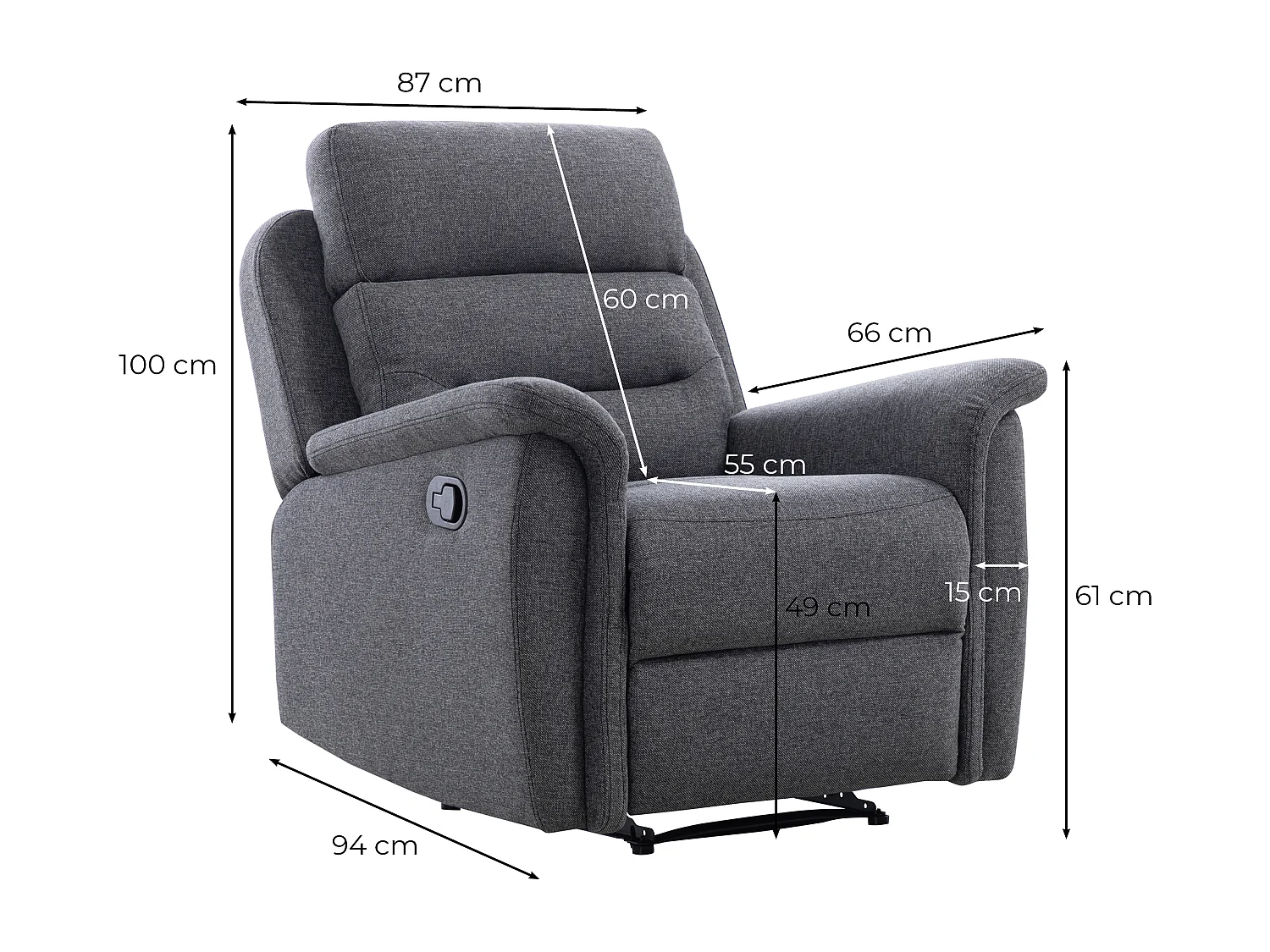 Fauteuil de Relaxation 1 place en Tissu Gris Léon - Gris anthracite - L87 x 94 x 100cm - Loungitude