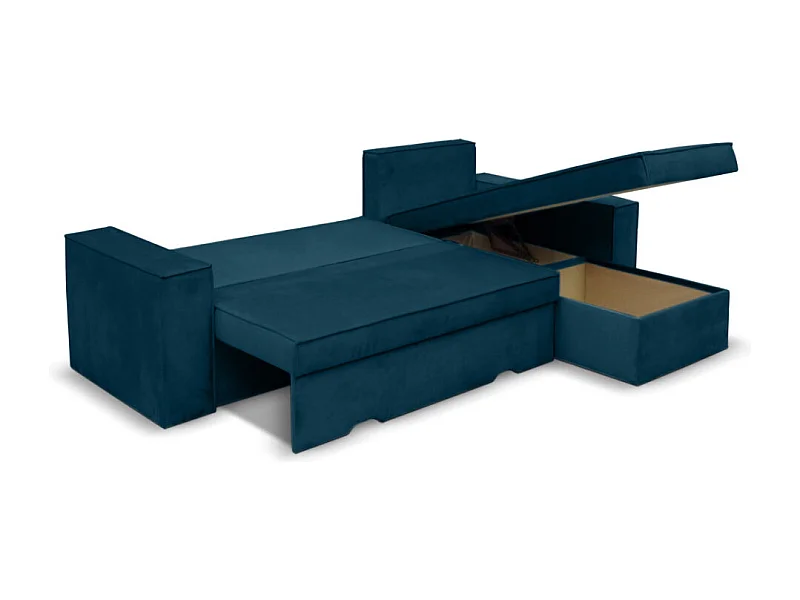 Canapé d'angle 4 places Caelia Réversible et Convertible avec coffre en velours - Bleu canard - L250 x P180 x H79cm - Loungitude