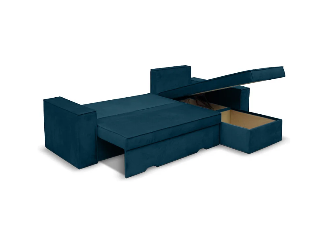 Canapé d'angle 4 places Caelia Réversible et Convertible avec coffre en velours - Bleu canard - L250 x P180 x H79cm - Loungitude