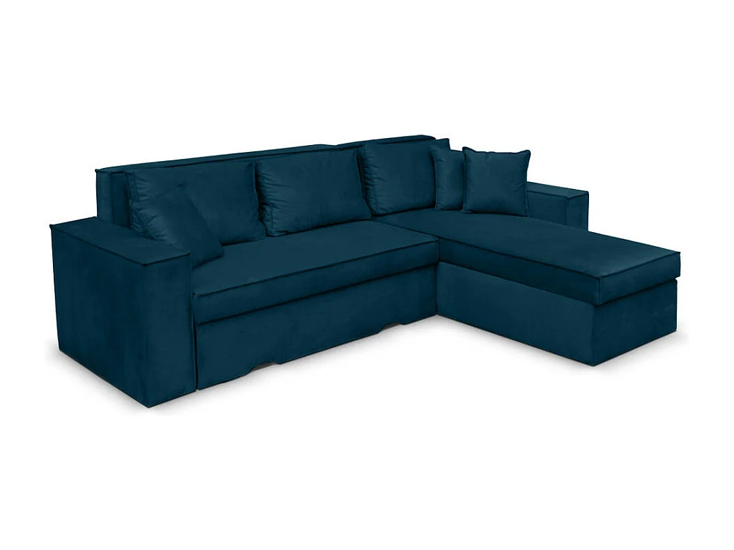 Canapé d'angle 4 places Caelia Réversible et convertible avec coffre en velours - Bleu canard - L250 x P180 x H79cm - Loungitude