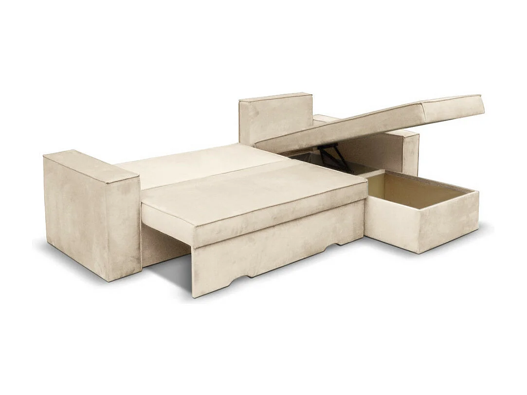 Canapé d'angle 4 places Caelia Réversible et convertible avec coffre en velours - Beige - L250 x P180 x H79cm - Loungitude