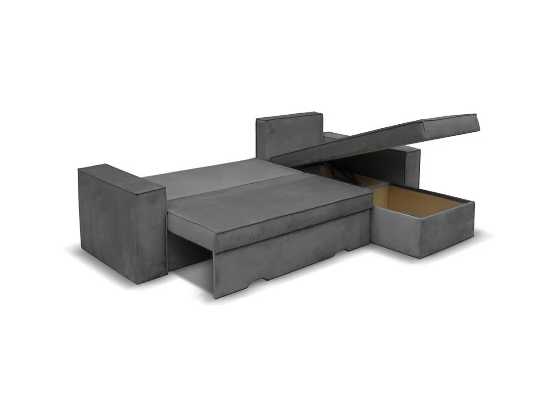 Canapé d'angle 4 places Caelia Réversible et Convertible avec coffre en velours - Gris - L250 x P180 x H79cm - Loungitude