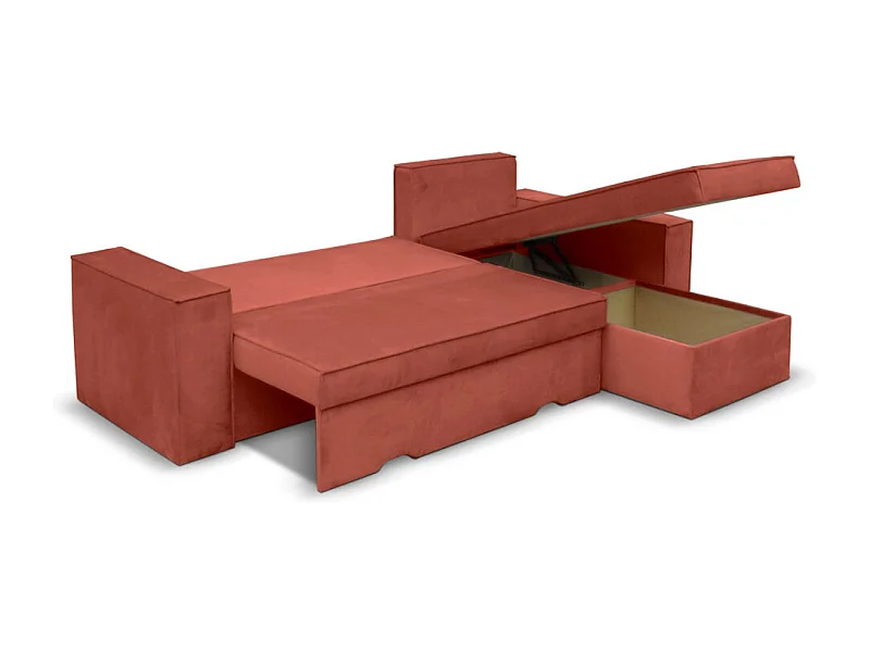 Canapé d'angle 4 places Caelia Réversible et Convertible avec coffre en velours - Rouge brique - L250 x P180 x H79cm - Loungitude