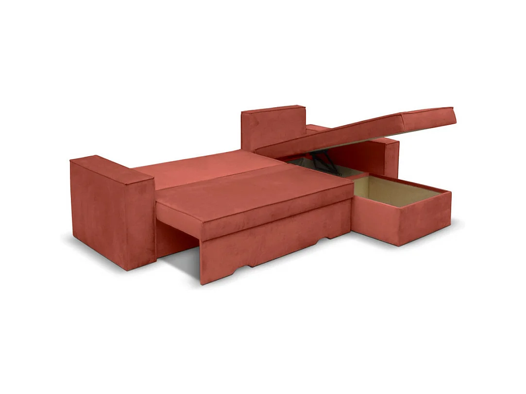 Canapé d'angle 4 places Caelia Réversible et Convertible avec coffre en velours - Rouge brique - L250 x P180 x H79cm - Loungitude