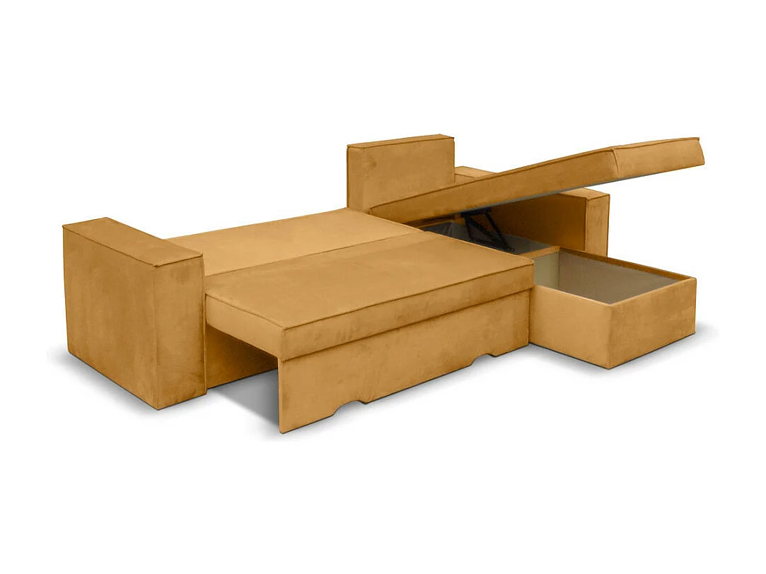 Canapé d'angle 4 places Caelia Réversible et convertible avec coffre en velours - Moutarde - L250 x P180 x H79cm - Loungitude